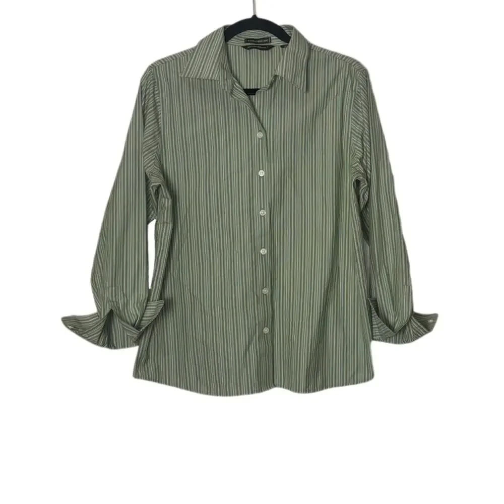 Eddie Bauer button up Woman's size Large 100% Cotton Striped green